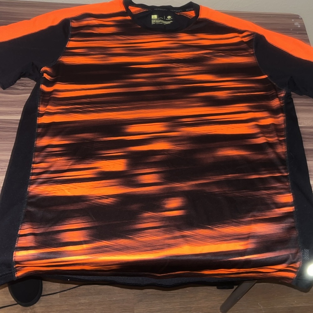 Orange and black striped short sleeve shirt. - Picture 2 of 10